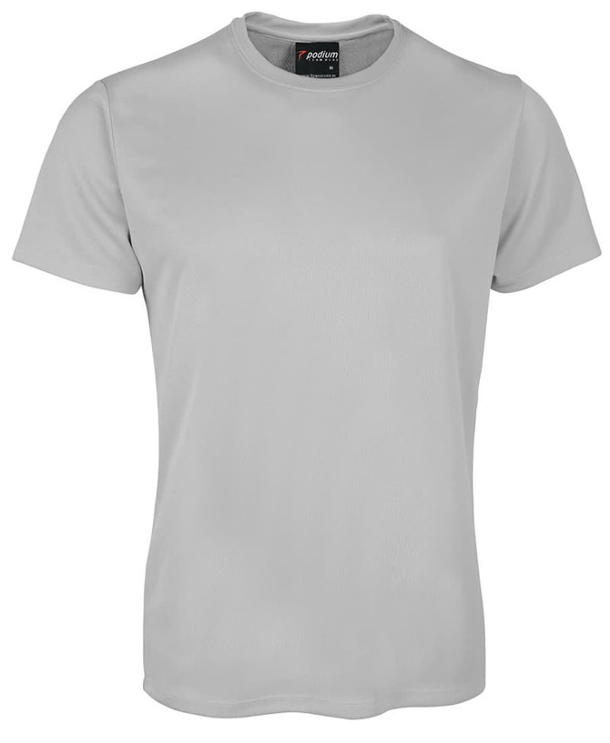 A grey T-shirt with short sleeves and a round neckline, featuring a brand logo on the inside label.