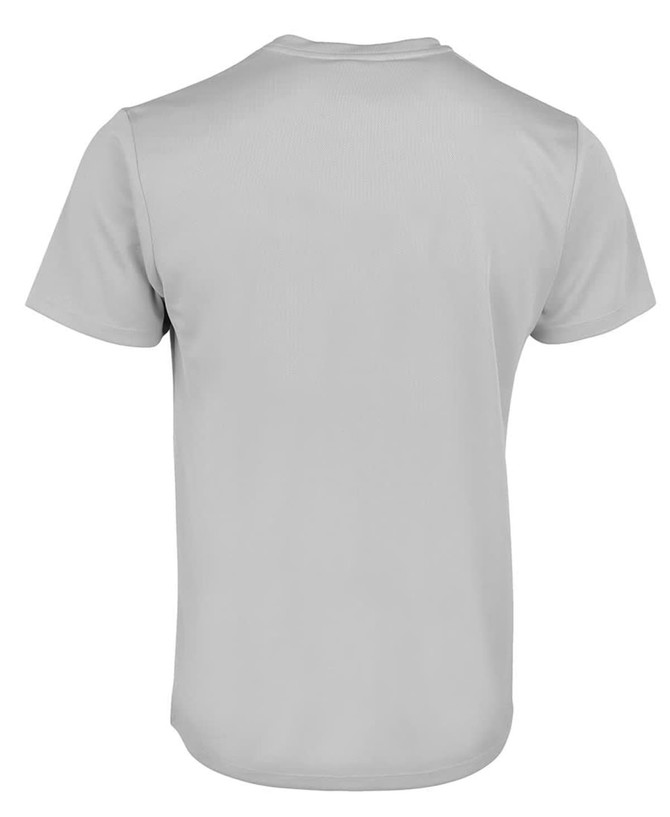 A plain grey T-shirt with a crew neckline and short sleeves, featuring a logo on the back.