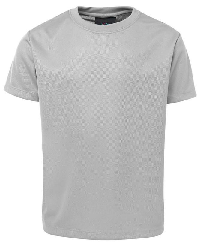 A light grey T-shirt with short sleeves and a round neckline, featuring a small logo on the label.