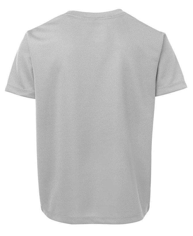 A grey T-shirt featuring a logo at the back, designed in a simple style.