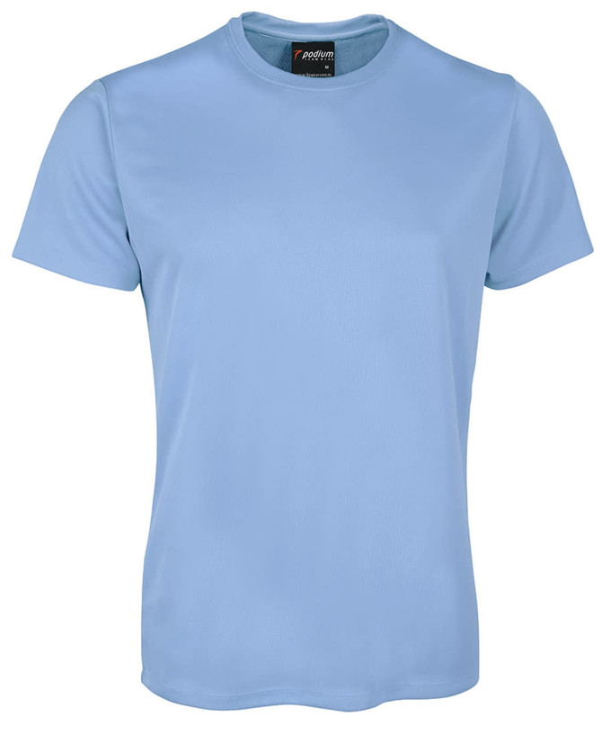 A light blue t-shirt with a round neckline and short sleeves, featuring a logo on the label.