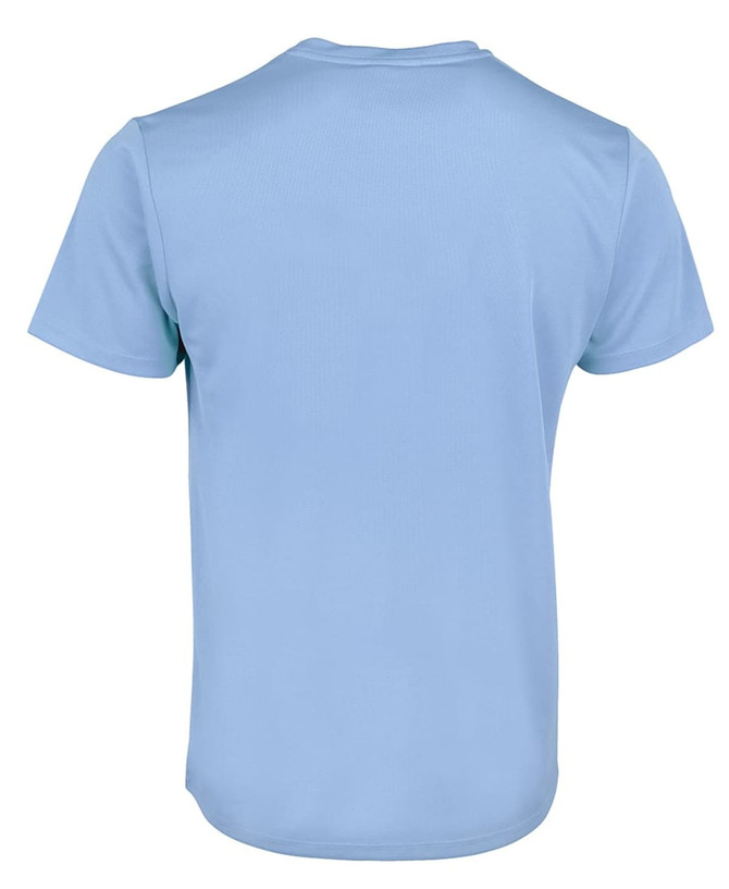 A light blue T-shirt with a plain back, featuring a logo on the back.