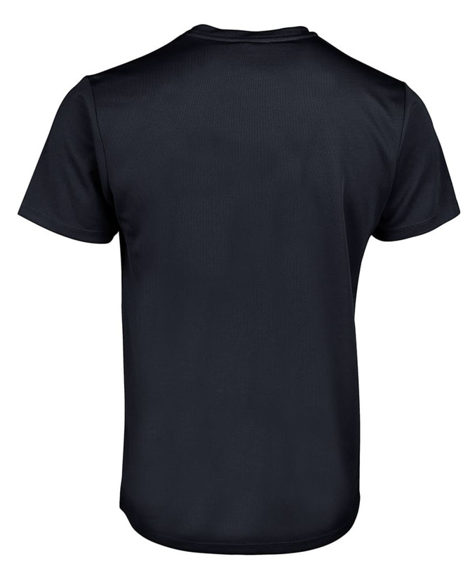 A black t-shirt featuring a smooth, simple design and a standard crew neck. It has a logo on the back.