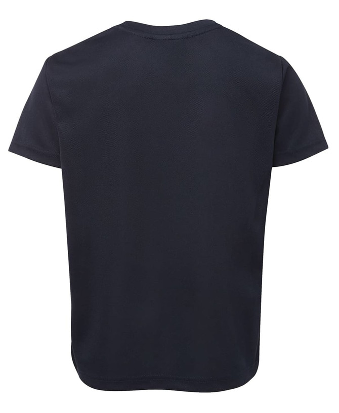 A black t-shirt with short sleeves, featuring a simple design and a branding logo.
