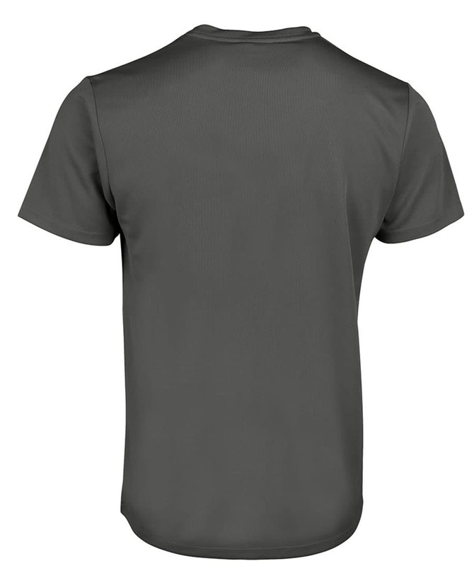 A plain dark grey T-shirt with a round neckline and short sleeves. It features a logo on the back.