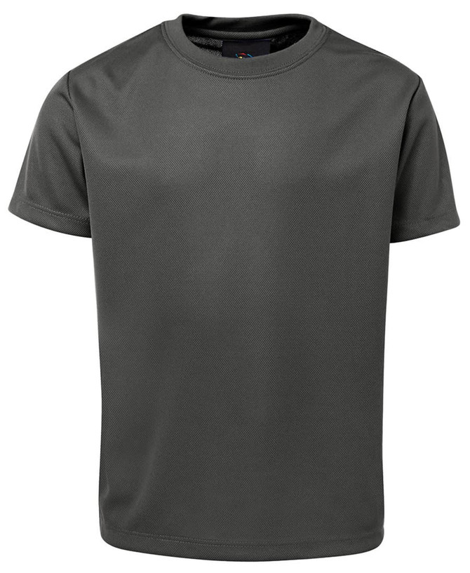 A dark green t-shirt with short sleeves, featuring a subtle texture and a logo on the neckline.