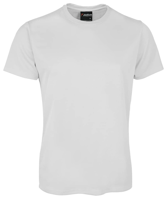 A plain white T-shirt with a crew neck and short sleeves, featuring a logo on the inside label.