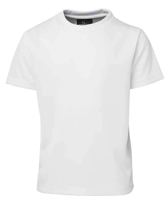 A plain white t-shirt with a round neck and short sleeves, featuring a logo on the tag.