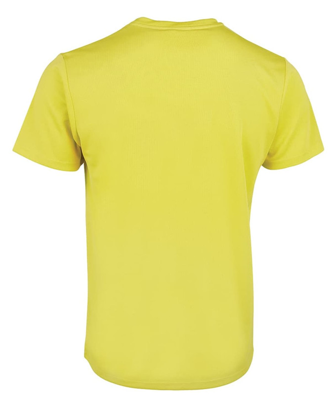A bright yellow T-shirt featuring a plain back and a logo. Suitable for casual wear.