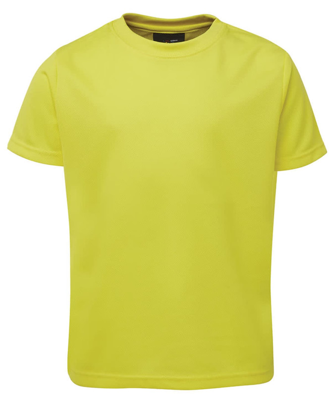 A bright yellow T-shirt with a round neck and short sleeves. It features a logo on the label.