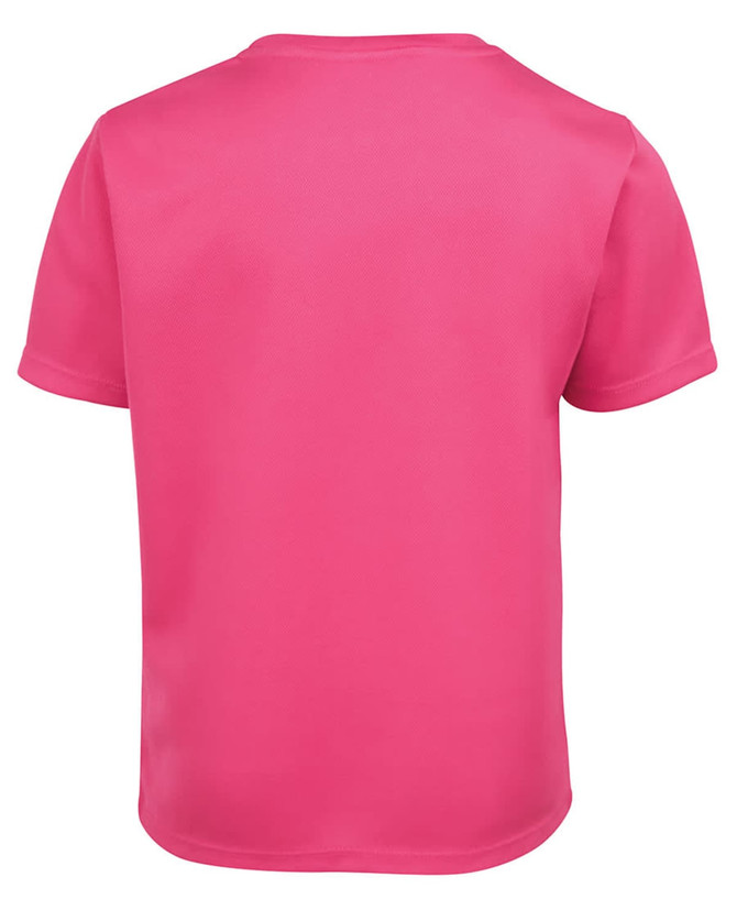 A pink T-shirt with a round neckline and short sleeves, featuring a logo on the back.