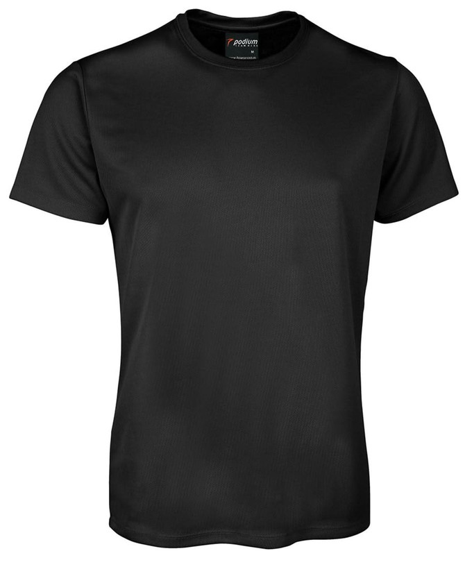 A black short-sleeved T-shirt with a logo on the collar. The fabric appears smooth and lightweight.