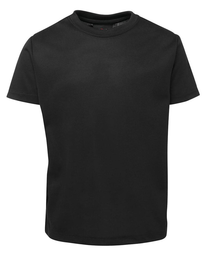 A black T-shirt with a round neckline and short sleeves, featuring a logo on the inside label.