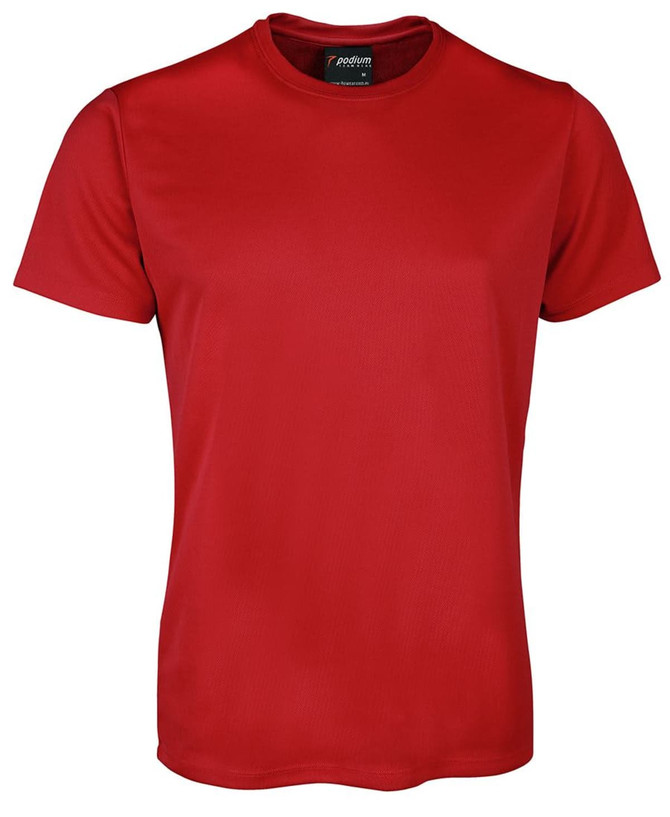 A red T-shirt featuring a round neck and short sleeves, with a logo on the collar.