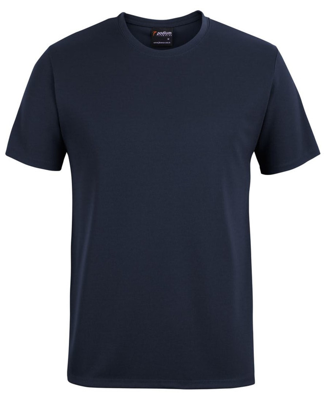 A navy blue T-shirt with a round neckline and short sleeves, featuring a logo.