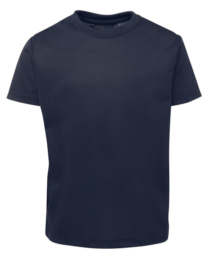 A navy blue T-shirt featuring a crew neck design and a small logo.