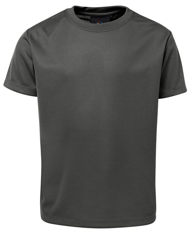 A dark grey T-shirt featuring a crew neck and short sleeves, with a logo on the neckline.