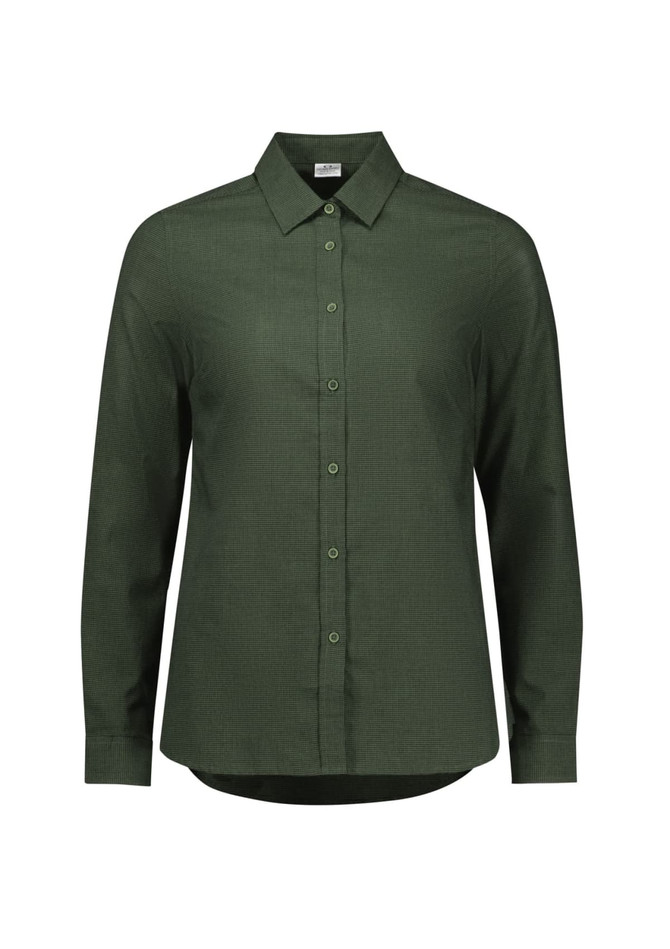 A green button-up shirt with long sleeves, featuring a collar and a subtle textured pattern. It has a logo on the tag.