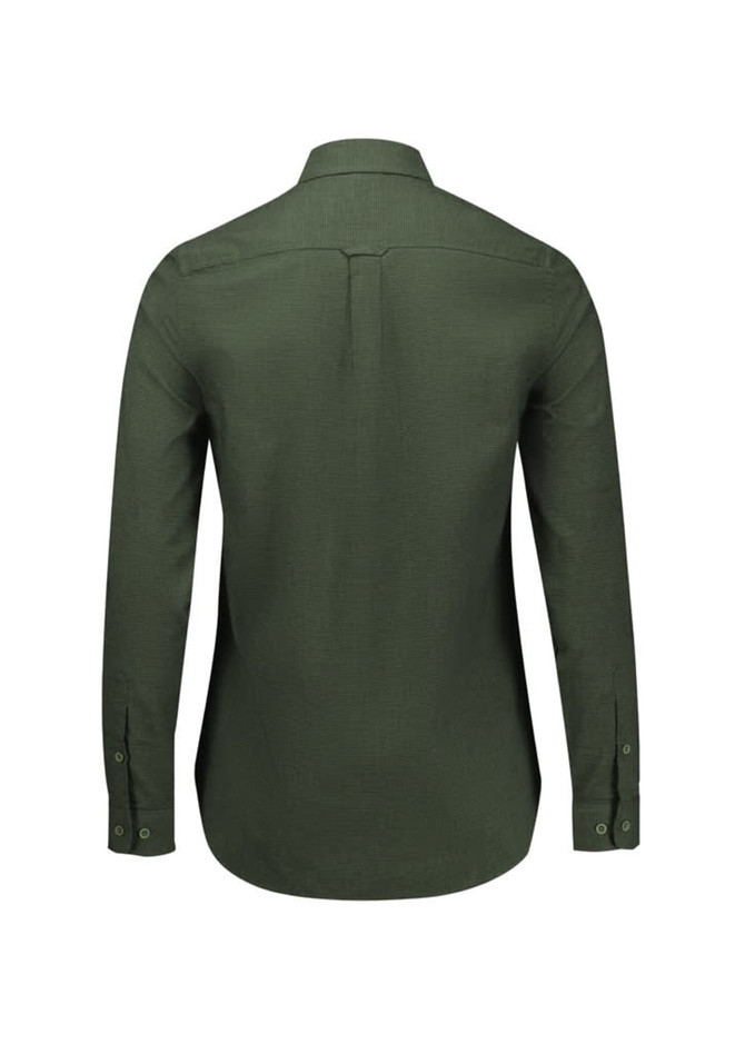 A women's long sleeve button-up shirt in dark green with a textured pattern and a back yoke detail.