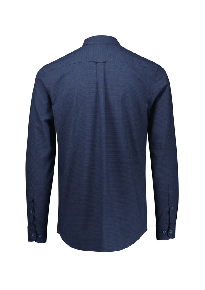 A navy blue long sleeve button-up shirt featuring a plain back and a collar, with button details on the sleeves.