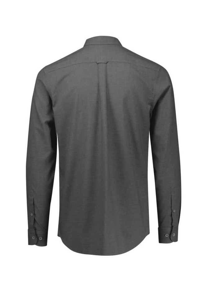 A grey long sleeve button-up shirt featuring a back yoke and buttoned cuffs, with a brand logo.