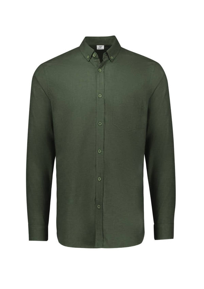 A long-sleeve button-up shirt in a rich green colour with a single chest pocket and a collar.