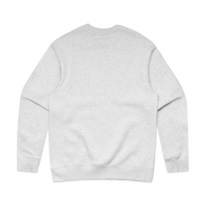A grey sweater with a simple design, featuring a round neckline and long sleeves. It has a logo on the back.