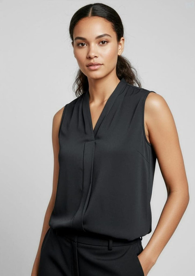 A sleeveless black top with a folded collar and a subtle drape, featuring a logo on the garment.