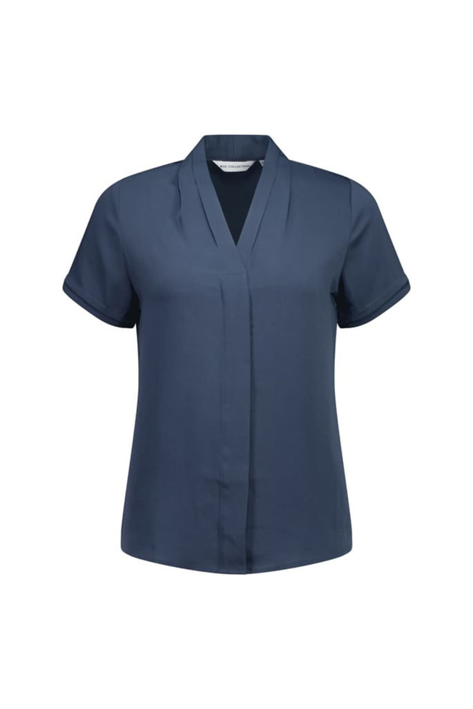 A navy blue short sleeve button-up women's shirt with a v-neck design and a subtle logo.