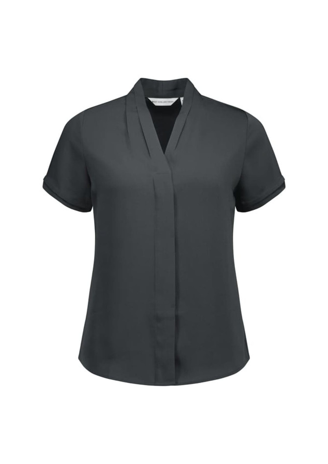 A short-sleeve women's button-up shirt in dark grey with a sleek collar and a logo.