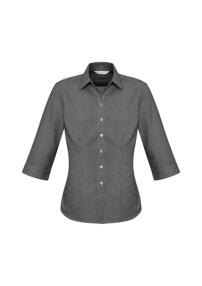A women's button-up shirt in a black and white check pattern with 3/4 sleeves and a fitted design.
