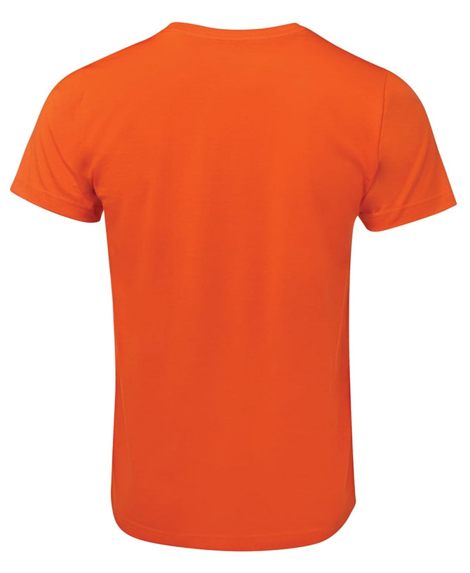 An orange fitted t-shirt with a plain back and short sleeves, featuring a logo.