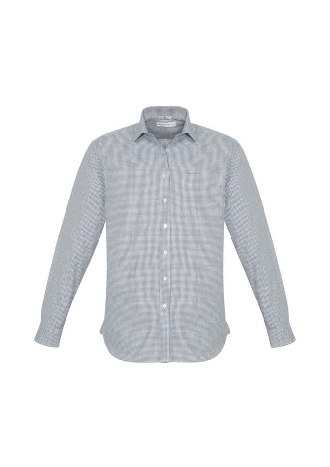 A long sleeve button-up shirt in a grey and white striped pattern, featuring a collar and buttons.