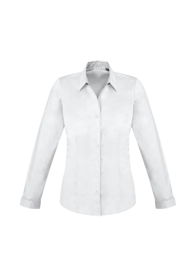 A white women's long sleeve button-up shirt with a collar and a fitted design. It features a logo.