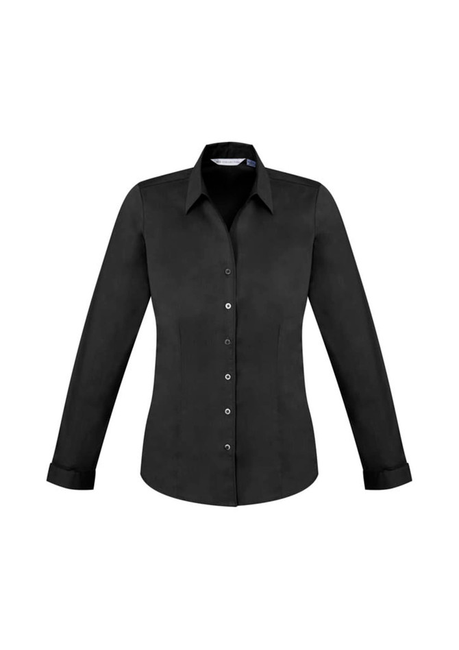 A black women's long sleeve button-up shirt with a fitted design and a collar, featuring a logo.