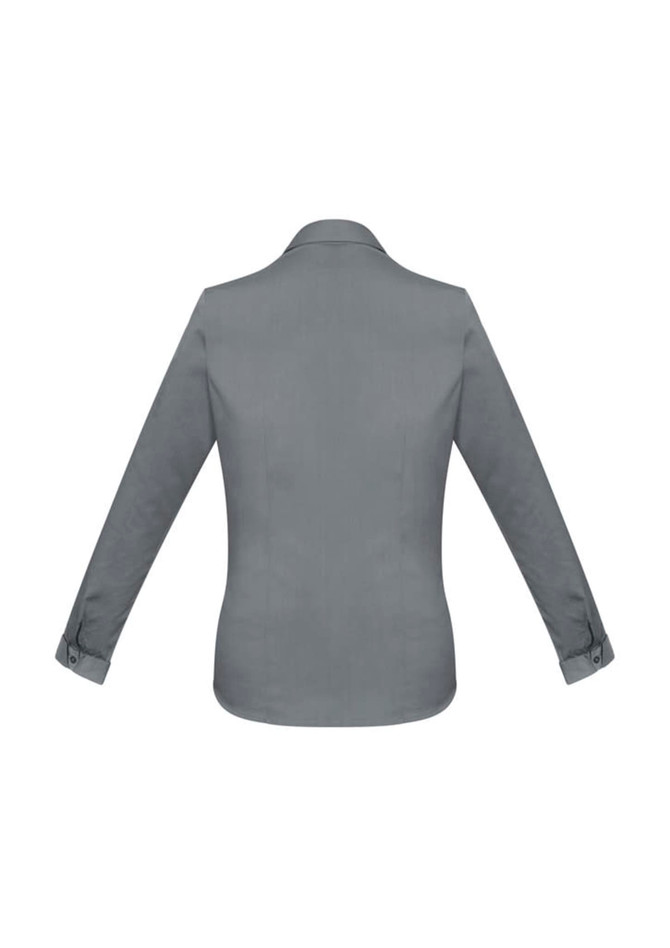 A long-sleeve grey button-up shirt with a collar and cuffs, featuring a logo. View from the back.