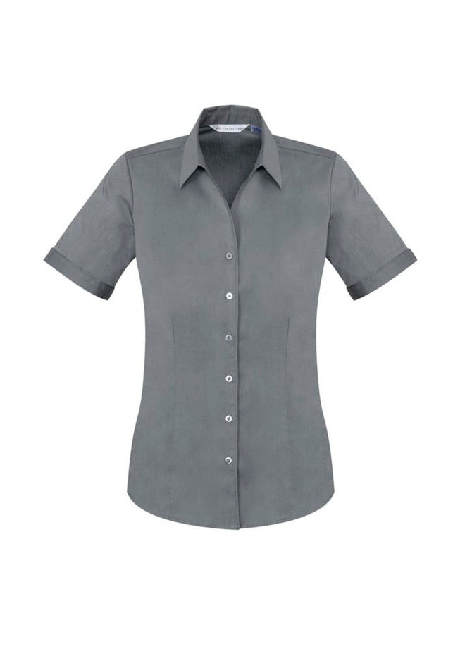 A grey short sleeve button-up shirt with a fitted design and a collar. Features rolled-up sleeves and buttons down the front.