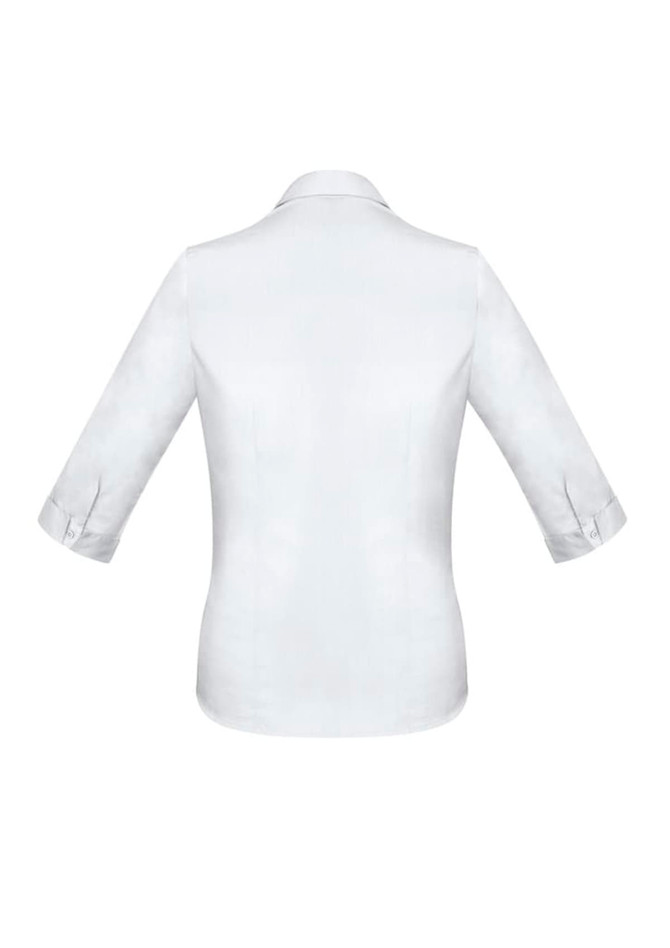 A white 3/4 sleeve button-up shirt with a collar and rolled cuffs, featuring a logo on the back.