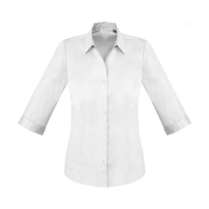 A white women's button-up shirt with 3/4 sleeves and a collar, featuring a logo.