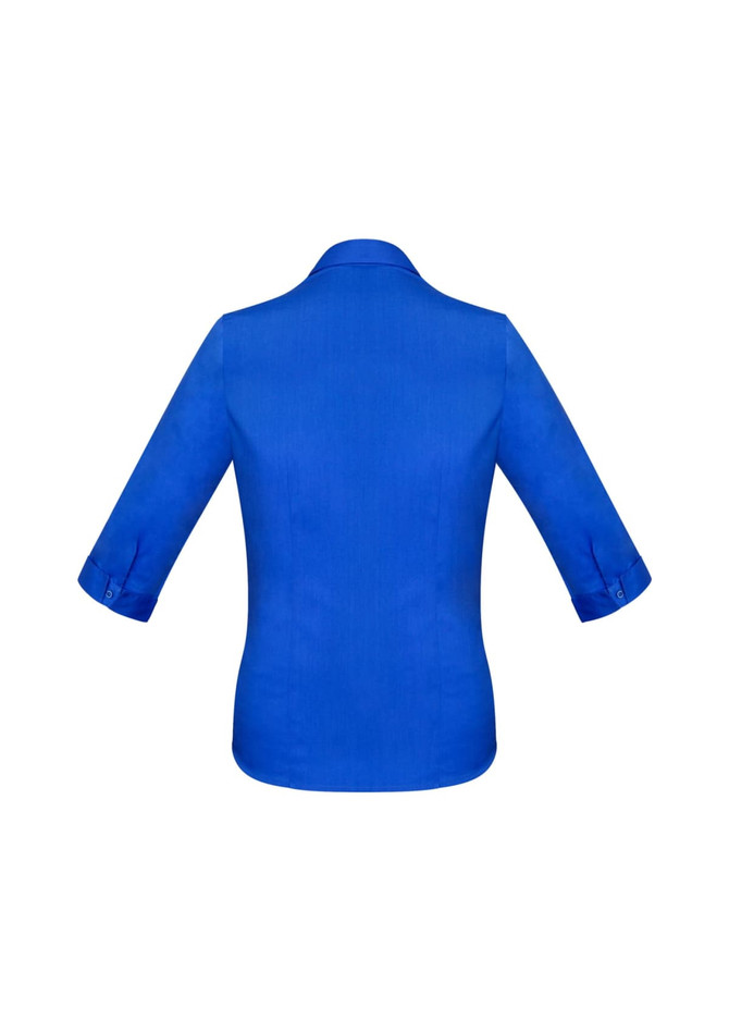A women's button-up shirt in a bright blue colour with 3/4 sleeves and a collar. Features a logo.