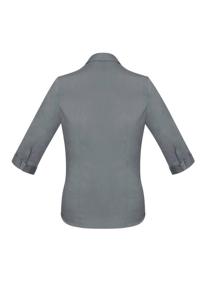 A grey Monaco Ladies 3/4 sleeve button-up shirt featuring a back view and cuffed sleeves.