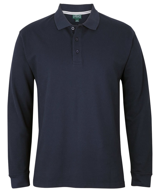 A long-sleeve navy blue polo shirt with a collar and buttoned placket, featuring a logo.