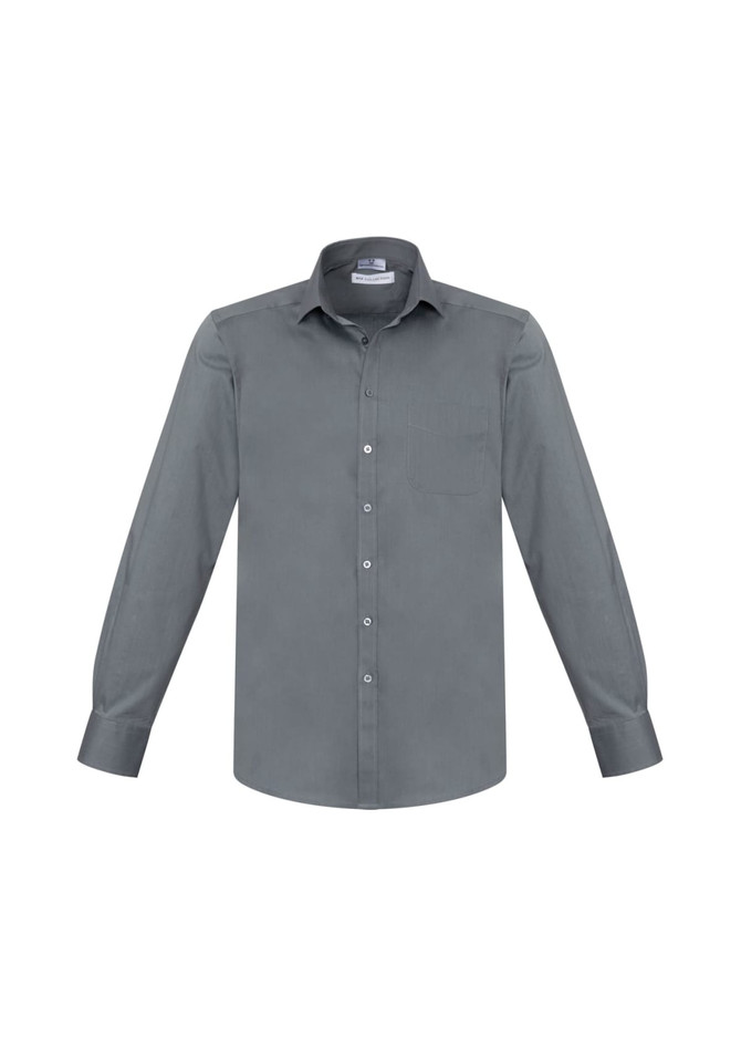 A grey long sleeve button-up shirt with a breast pocket and a logo on the collar.