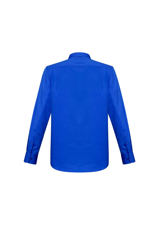 A blue long sleeve button-up shirt featuring a back view and button detailing on the cuffs.