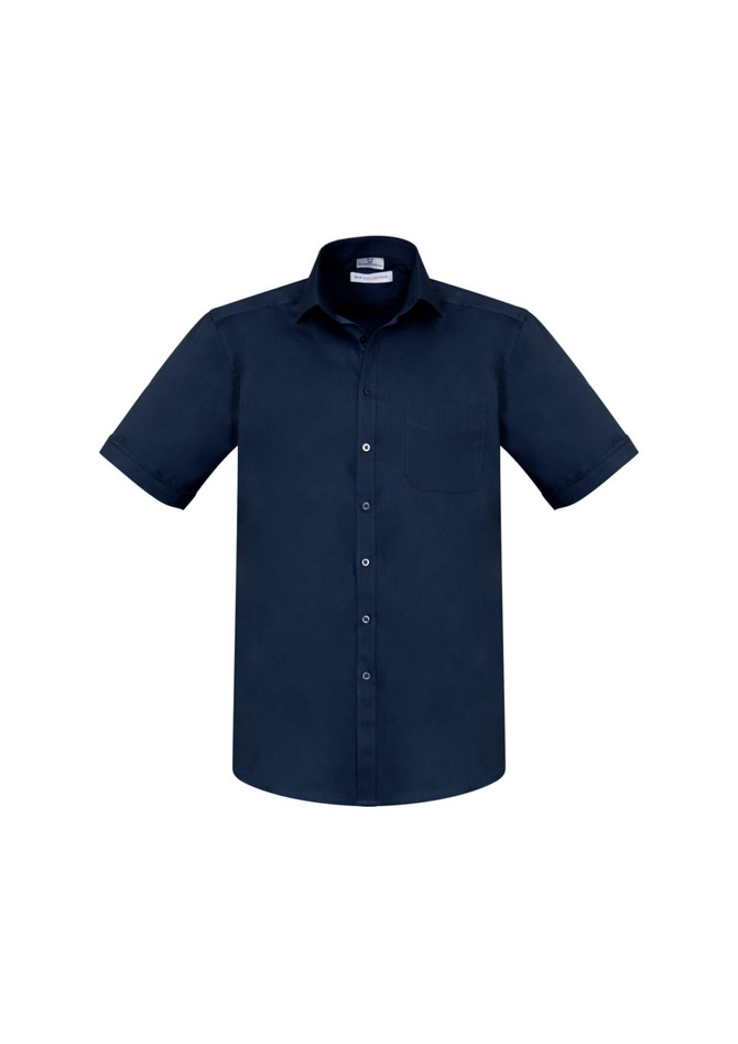 A navy short sleeve button-up shirt featuring a collar and a chest pocket, with a logo on the tag.