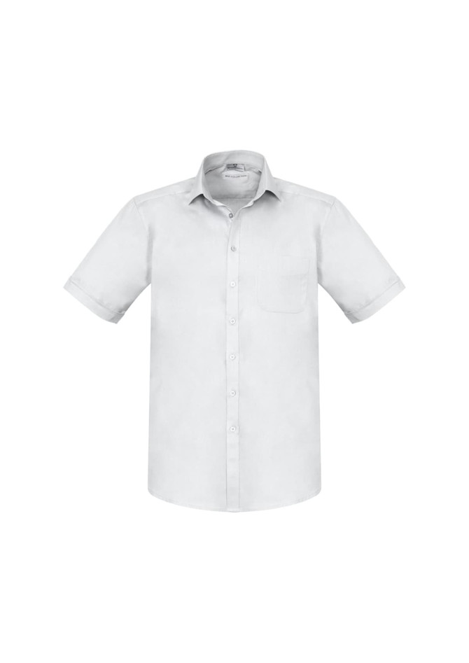 A light grey short sleeve button-up shirt with a single chest pocket and a branded tag.