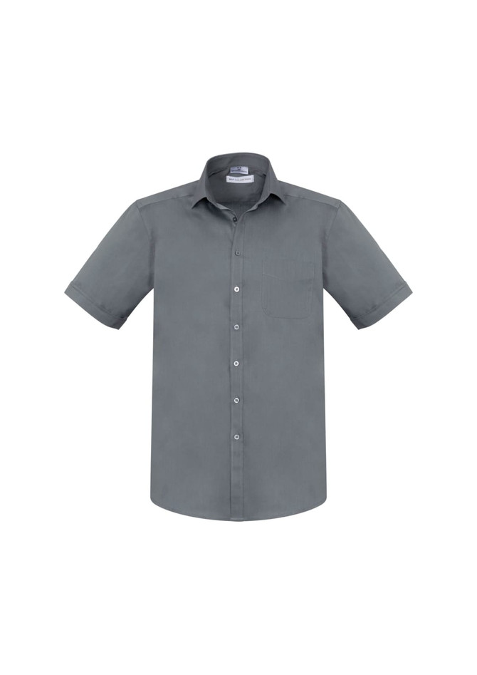 A grey short sleeve button-up shirt with a pocket and a collar, featuring a logo on the label.