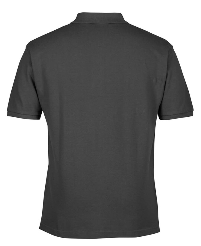 A charcoal grey polo shirt with a classic collar and short sleeves, featuring a logo on the chest.