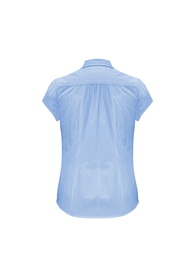 A women's light blue short sleeve button-up shirt with a back pleat and a logo.