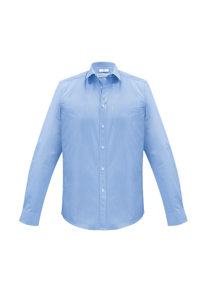A light blue long-sleeve button-up shirt with a collar and a logo on the label.